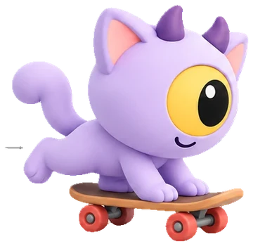 Peeky, a lilac one-eyed kitten riding a skateboard