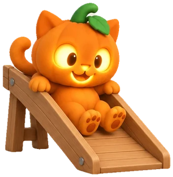 Punkin, an orange pumpkin kitten sliding down a little wooden slide