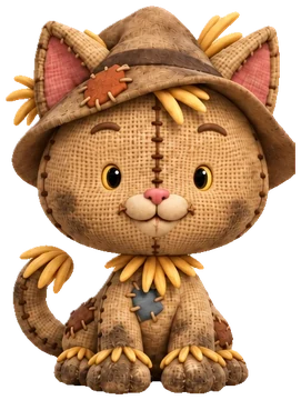 Scruff, a patched scarecrow kitten in a straw hat