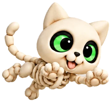 Rattle, a cream skeleton kitten with big green eyes leaping