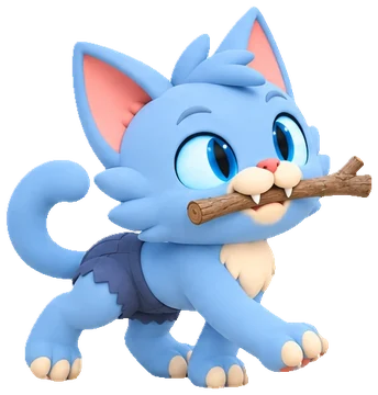 Howly, a blue werewolf kitten carrying a stick