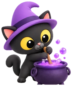 Hexie, a black witch kitten stirring a bubbling purple cauldron