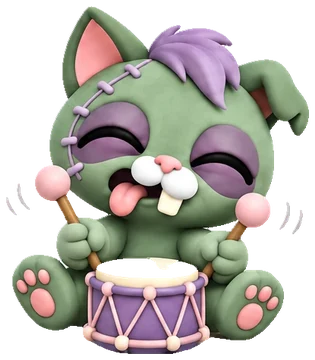 Yawny, a sleepy zombie kitten playing a little drum