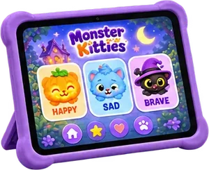 Kids tablet app with Happy, Sad and Brave feeling cards